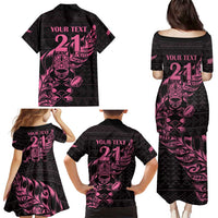 New Zealand Rugby Warrior Custom Family Matching Puletasi and Hawaiian Shirt Pink Fern Taniko Motif LT9 - Polynesian Pride