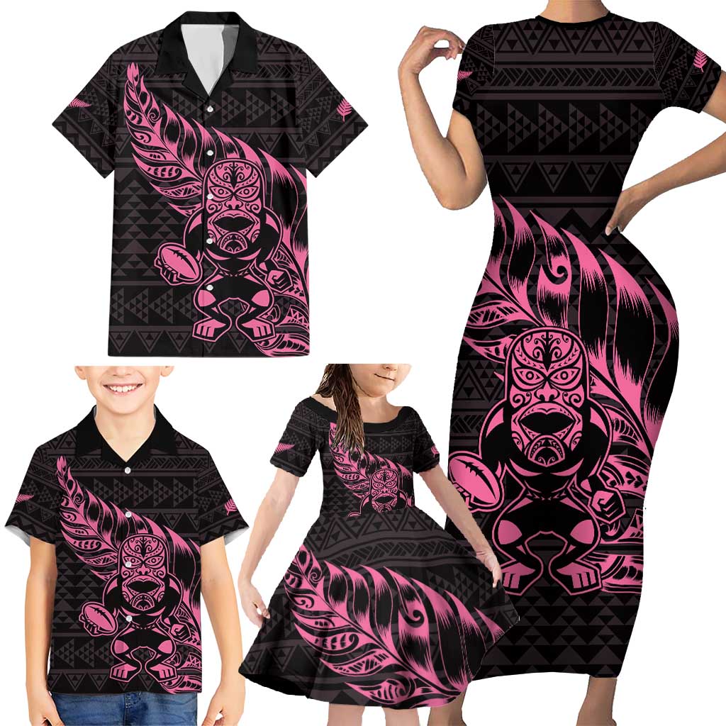 New Zealand Rugby Warrior Custom Family Matching Short Sleeve Bodycon Dress and Hawaiian Shirt Pink Fern Taniko Motif LT9 - Polynesian Pride