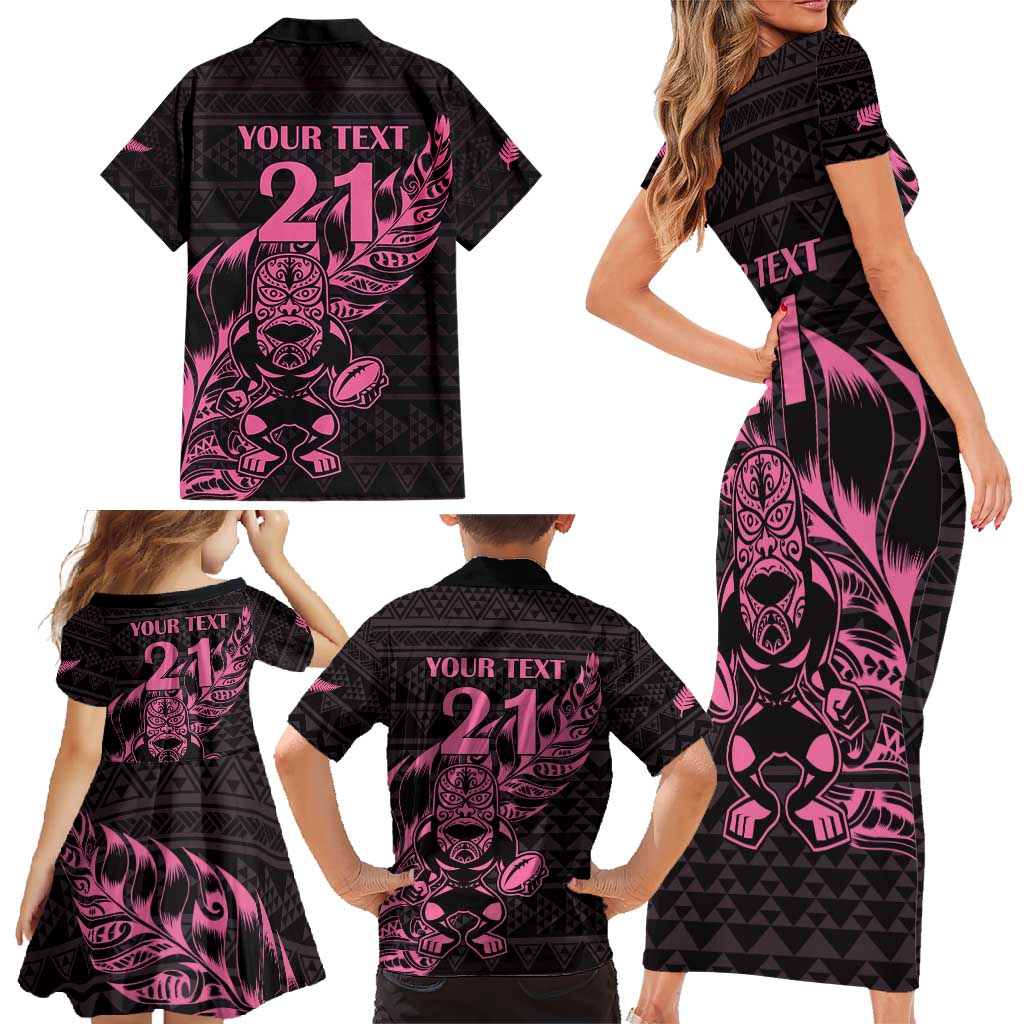 New Zealand Rugby Warrior Custom Family Matching Short Sleeve Bodycon Dress and Hawaiian Shirt Pink Fern Taniko Motif LT9 - Polynesian Pride