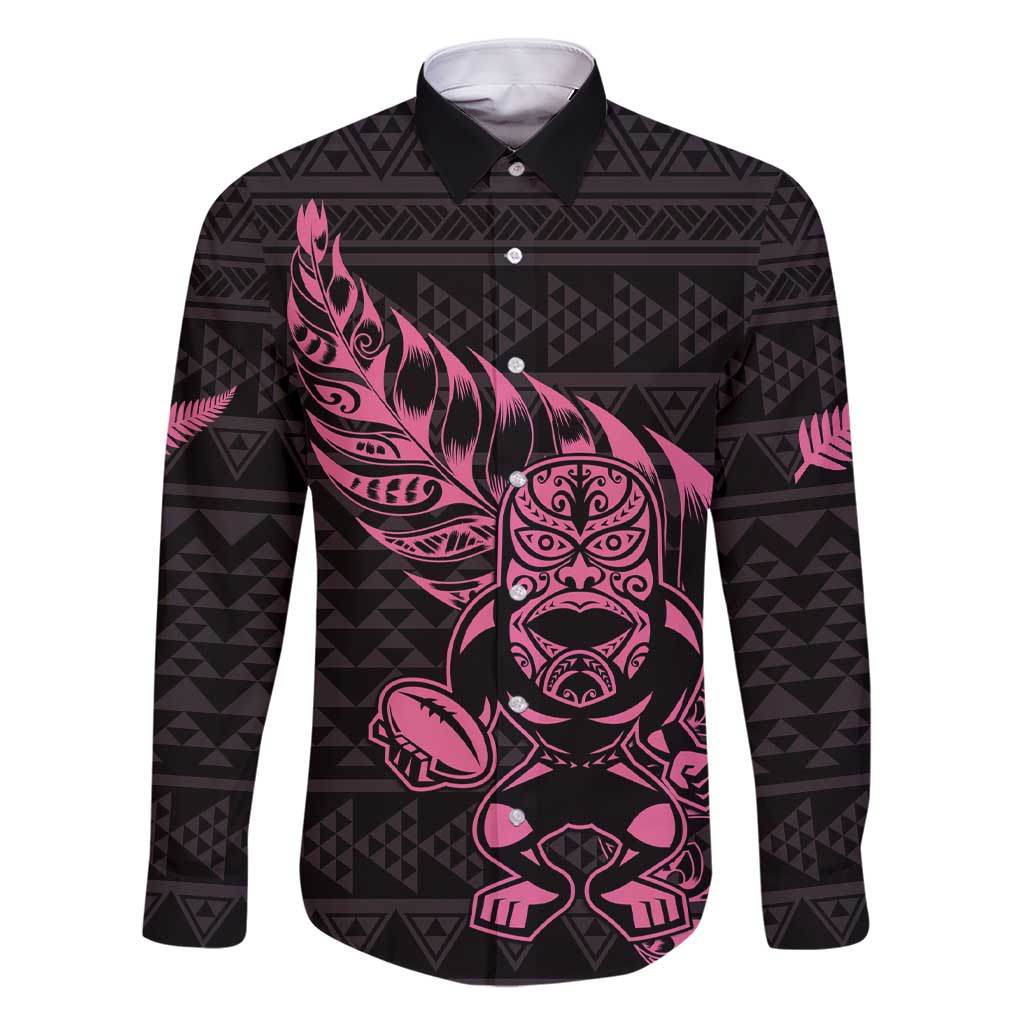 New Zealand Rugby Warrior Custom Family Matching Short Sleeve Bodycon Dress and Hawaiian Shirt Pink Fern Taniko Motif LT9 Dad's Shirt - Long Sleeve Pink - Polynesian Pride