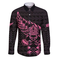 New Zealand Rugby Warrior Custom Family Matching Short Sleeve Bodycon Dress and Hawaiian Shirt Pink Fern Taniko Motif LT9 Dad's Shirt - Long Sleeve Pink - Polynesian Pride
