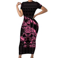 New Zealand Rugby Warrior Custom Family Matching Short Sleeve Bodycon Dress and Hawaiian Shirt Pink Fern Taniko Motif LT9 Mom's Dress Pink - Polynesian Pride