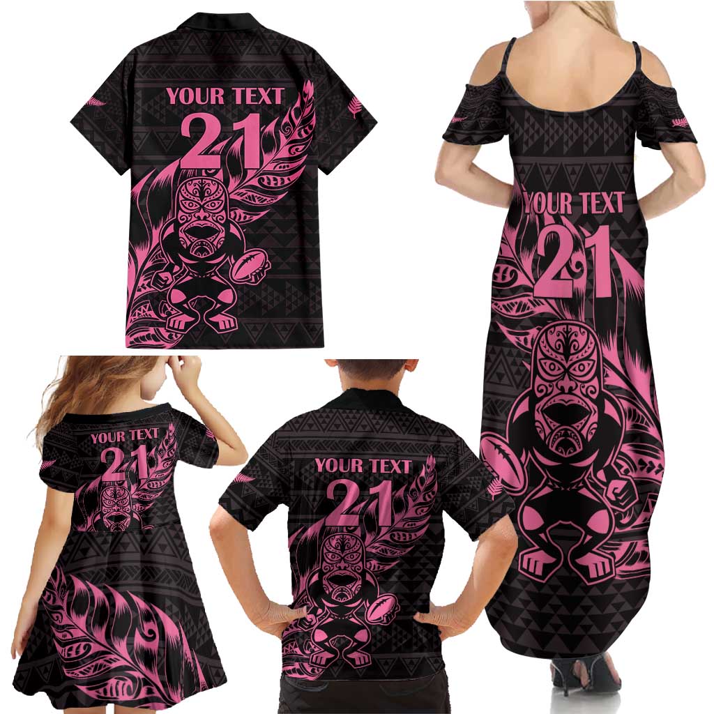 New Zealand Rugby Warrior Custom Family Matching Summer Maxi Dress and Hawaiian Shirt Pink Fern Taniko Motif LT9 - Polynesian Pride