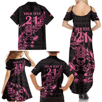 New Zealand Rugby Warrior Custom Family Matching Summer Maxi Dress and Hawaiian Shirt Pink Fern Taniko Motif LT9 - Polynesian Pride