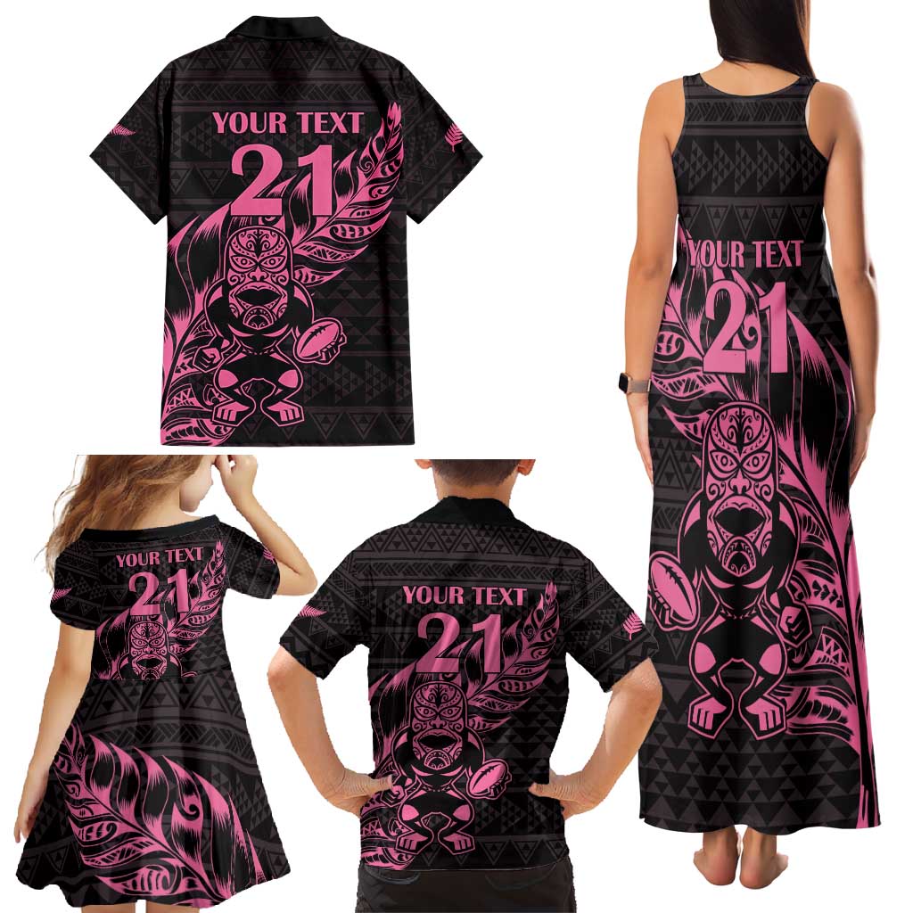 New Zealand Rugby Warrior Custom Family Matching Tank Maxi Dress and Hawaiian Shirt Pink Fern Taniko Motif LT9 - Polynesian Pride
