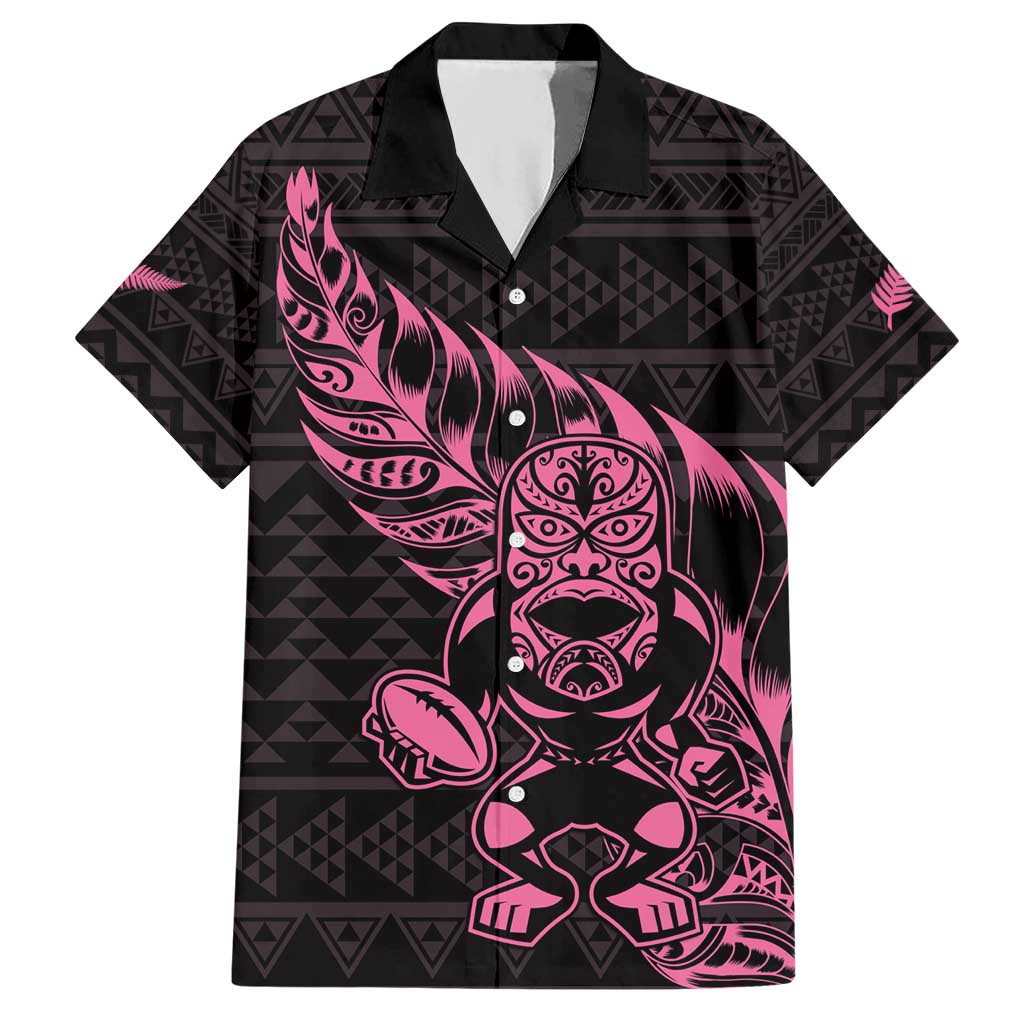 New Zealand Rugby Warrior Custom Hawaiian Shirt Pink Fern Taniko Motif