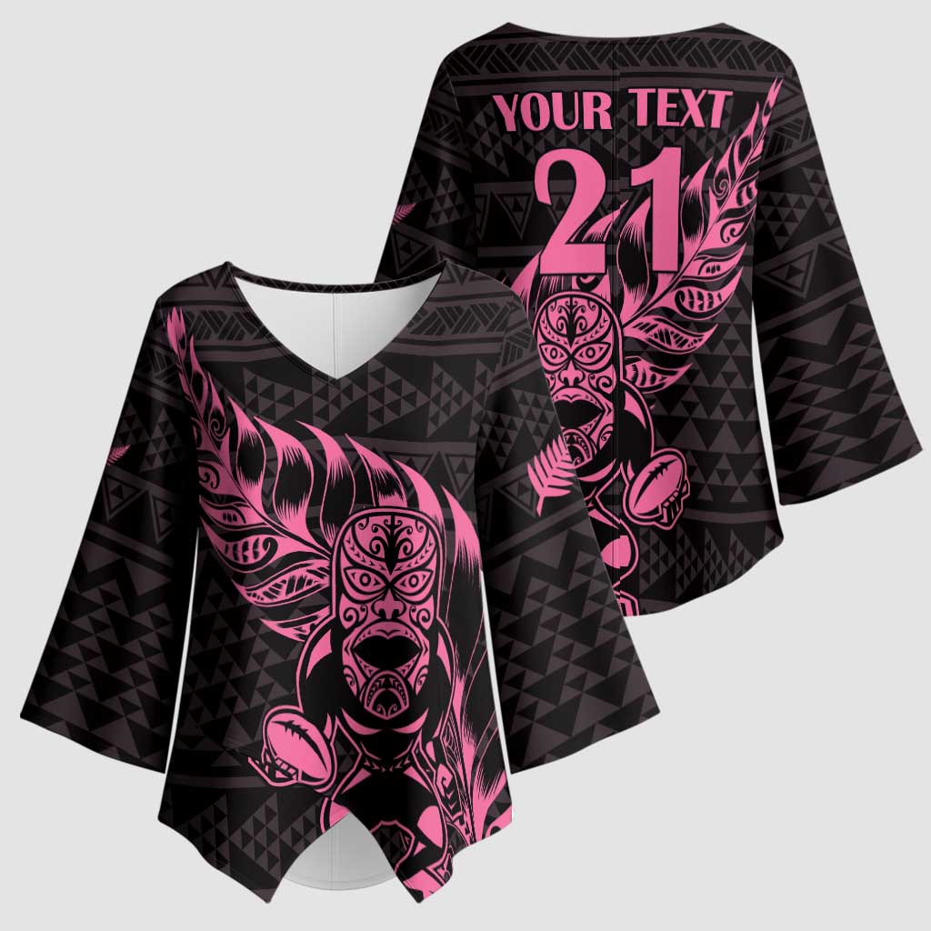 New Zealand Rugby Warrior Custom Kimono Sleeve Blouse Pink Fern Taniko Motif - Polynesian Pride