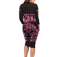 New Zealand Rugby Warrior Custom Long Sleeve Bodycon Dress Pink Fern Taniko Motif LT9 - Polynesian Pride