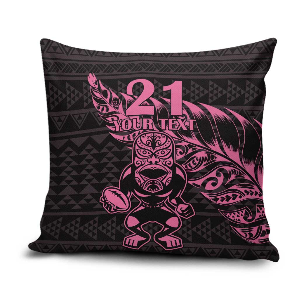 New Zealand Rugby Warrior Custom Pillow Cover Pink Fern Taniko Motif - Polynesian Pride