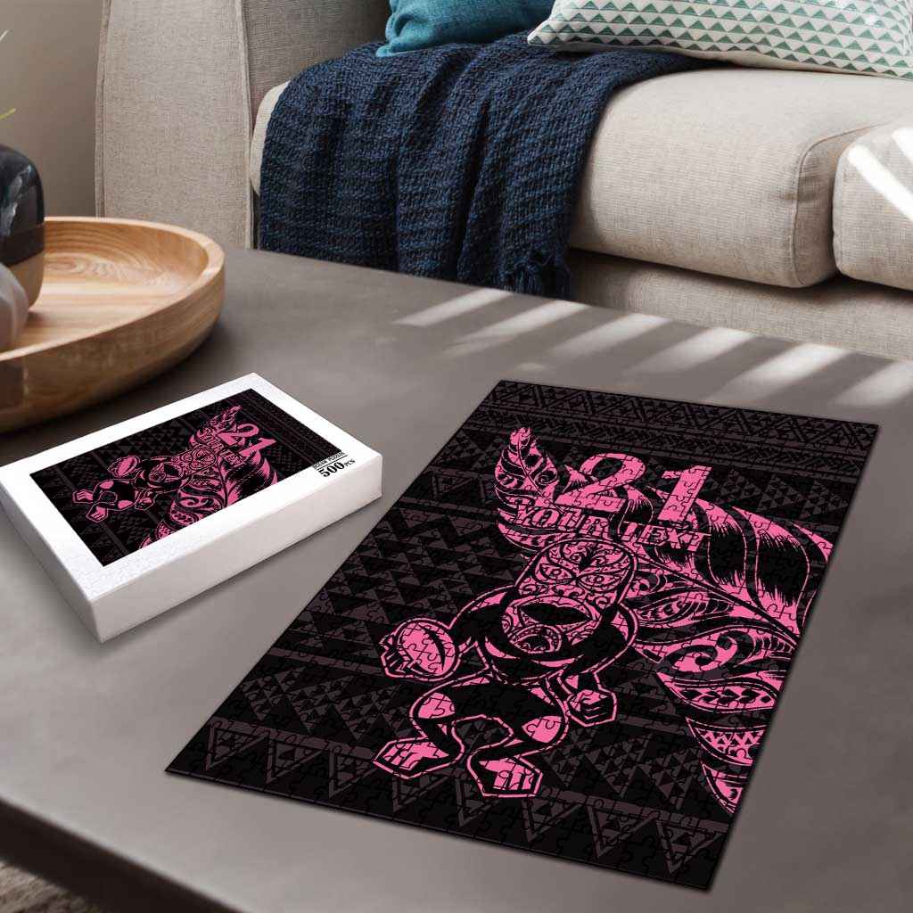 New Zealand Rugby Warrior Custom Puzzle Pink Fern Taniko Motif - Polynesian Pride