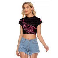 New Zealand Rugby Warrior Custom Raglan Cropped T Shirt Pink Fern Taniko Motif