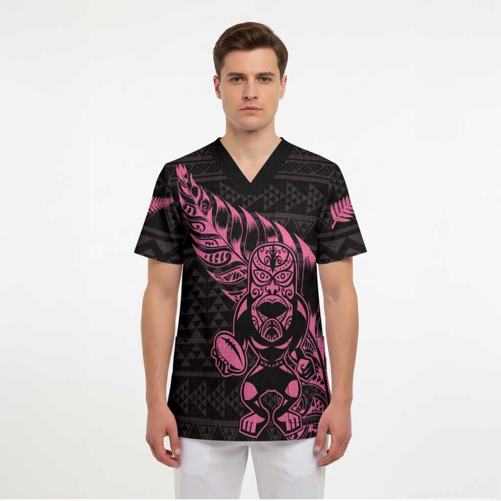 New Zealand Rugby Warrior Custom Scrub Top Pink Fern Taniko Motif - Polynesian Pride