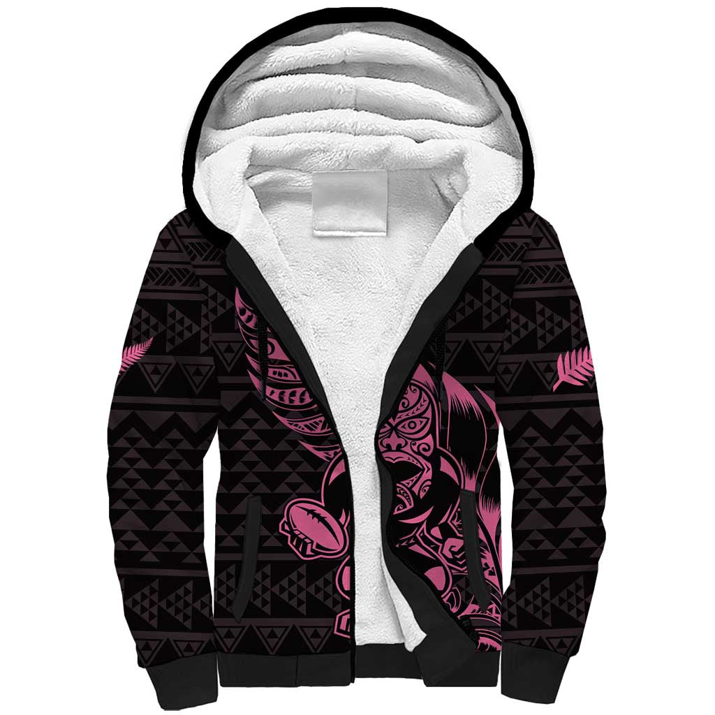 New Zealand Rugby Warrior Custom Sherpa Hoodie Pink Fern Taniko Motif LT9 Unisex Pink - Polynesian Pride