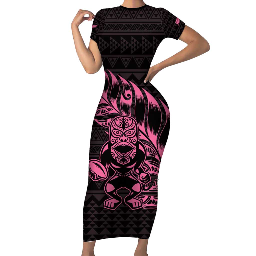 New Zealand Rugby Warrior Custom Short Sleeve Bodycon Dress Pink Fern Taniko Motif LT9 Long Dress Pink - Polynesian Pride