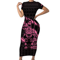 New Zealand Rugby Warrior Custom Short Sleeve Bodycon Dress Pink Fern Taniko Motif LT9 Long Dress Pink - Polynesian Pride