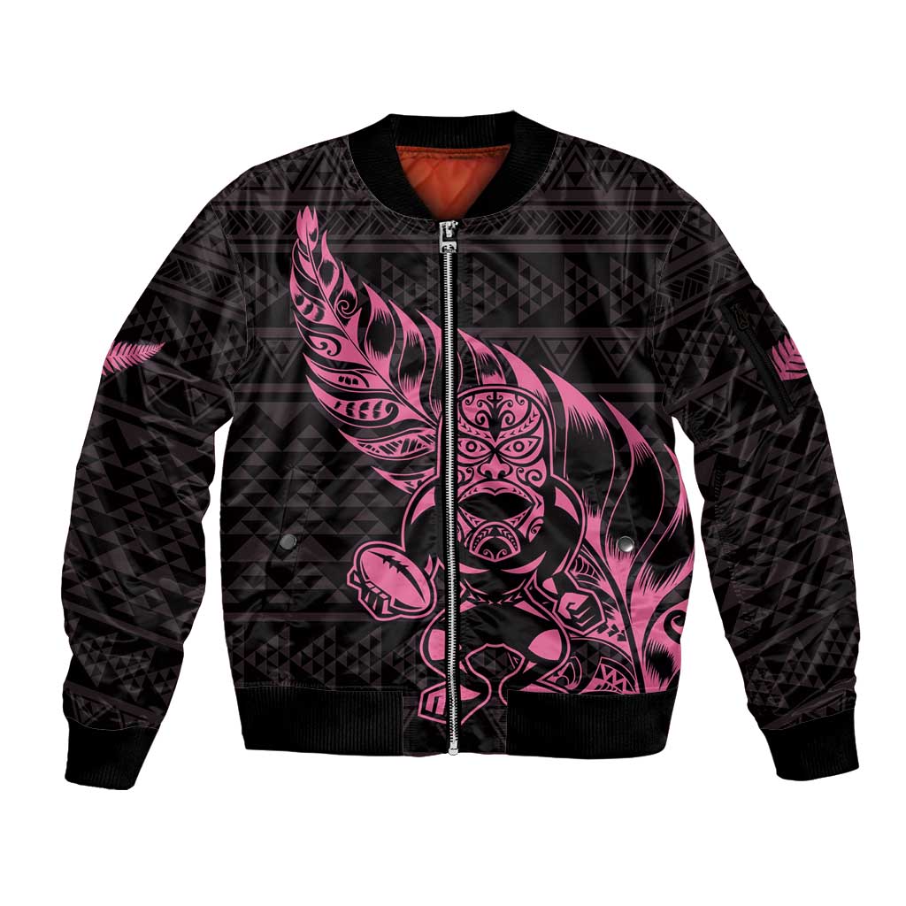 New Zealand Rugby Warrior Custom Sleeve Zip Bomber Jacket Pink Fern Taniko Motif LT9 Unisex Pink - Polynesian Pride