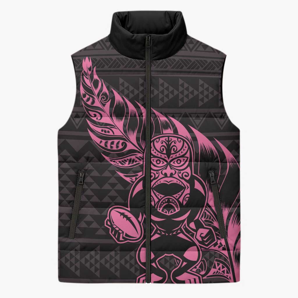 New Zealand Rugby Warrior Custom Sleeveless Puffer Jacket Pink Fern Taniko Motif - Polynesian Pride