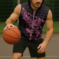 New Zealand Rugby Warrior Custom Sleeveless Zip Hoodie Pink Fern Taniko Motif - Polynesian Pride