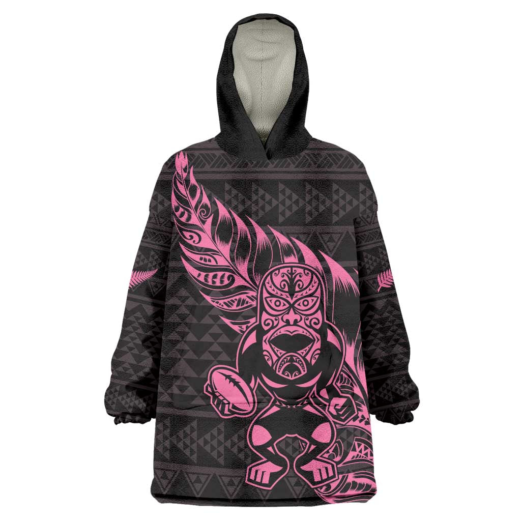 New Zealand Rugby Warrior Custom Wearable Blanket Hoodie Pink Fern Taniko Motif LT9 One Size Pink - Polynesian Pride