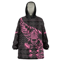 New Zealand Rugby Warrior Custom Wearable Blanket Hoodie Pink Fern Taniko Motif LT9 One Size Pink - Polynesian Pride
