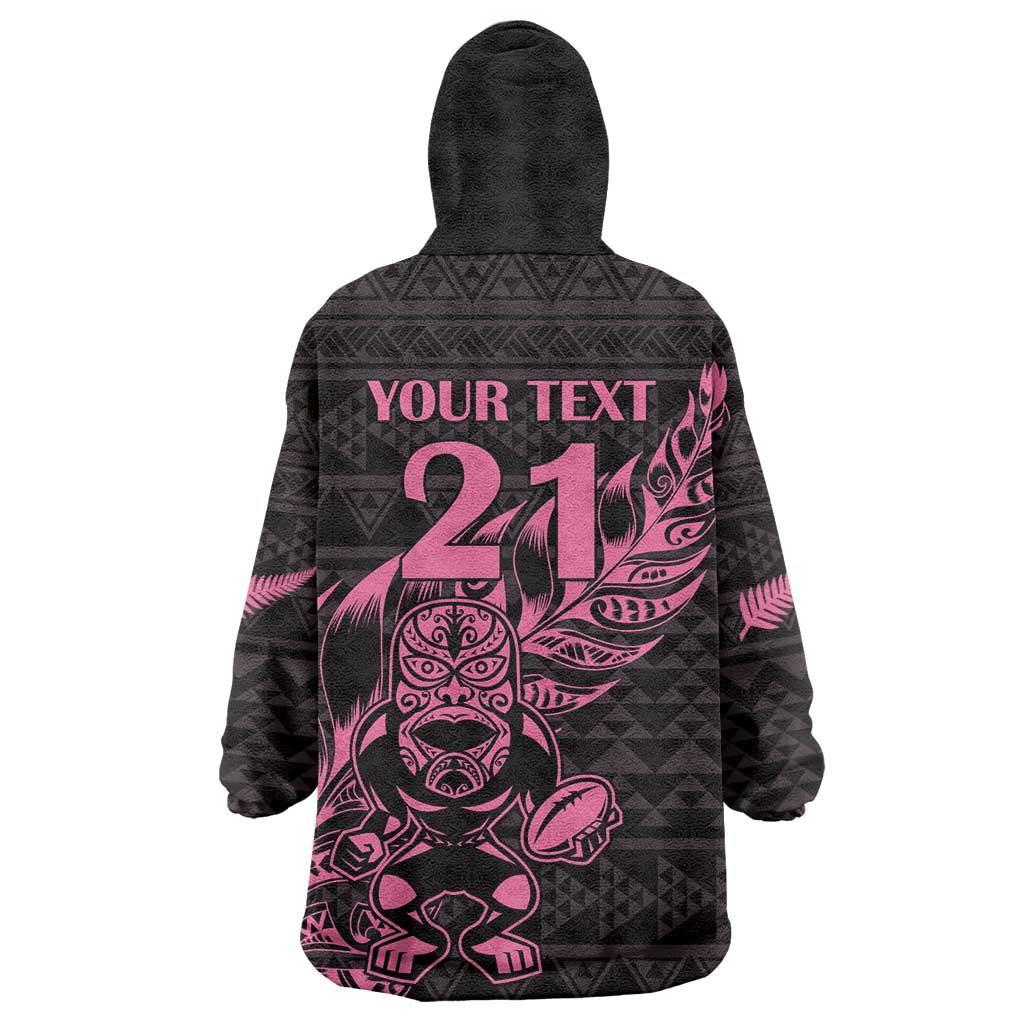New Zealand Rugby Warrior Custom Wearable Blanket Hoodie Pink Fern Taniko Motif LT9 - Polynesian Pride