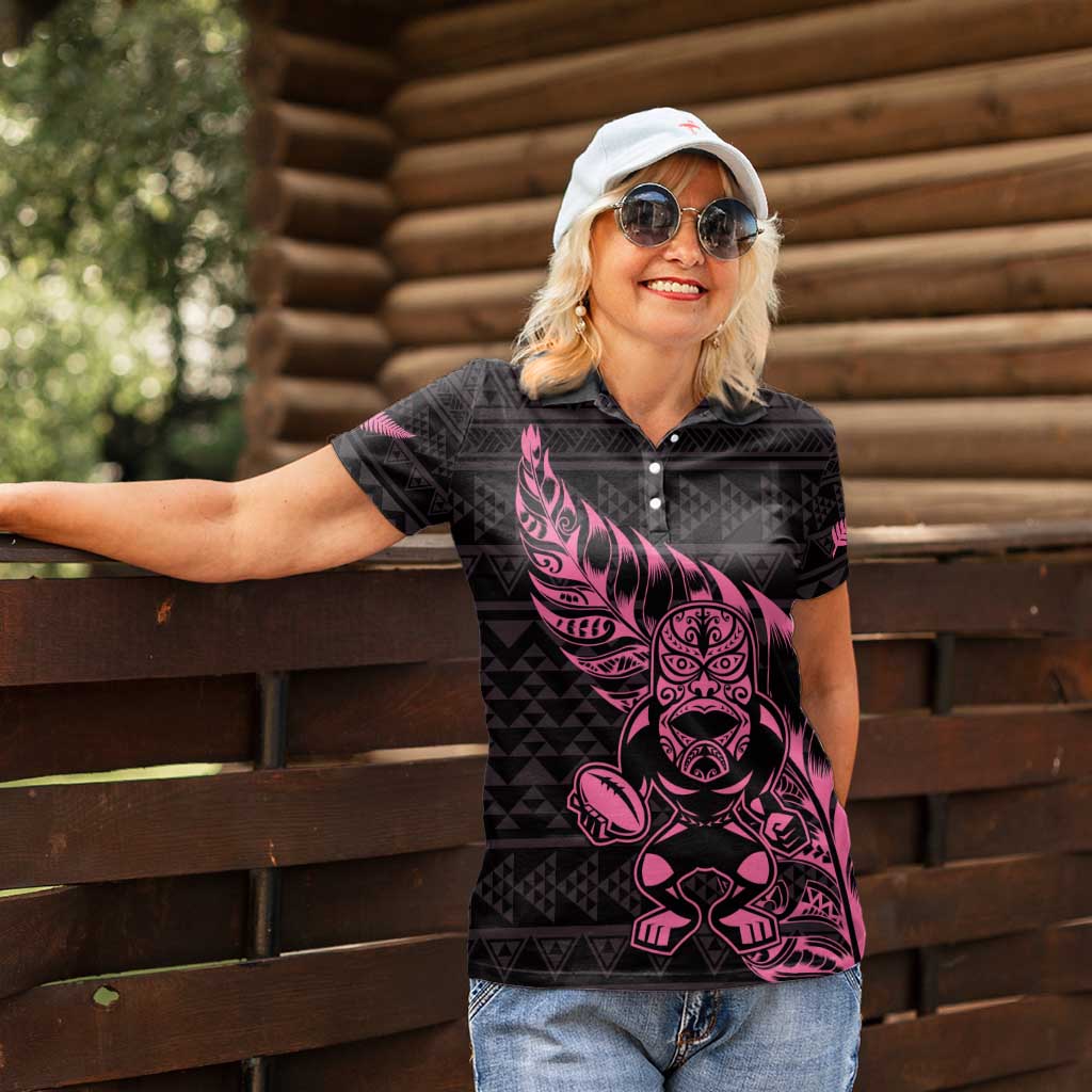 New Zealand Rugby Warrior Custom Women Polo Shirt Pink Fern Taniko Motif LT9 - Polynesian Pride