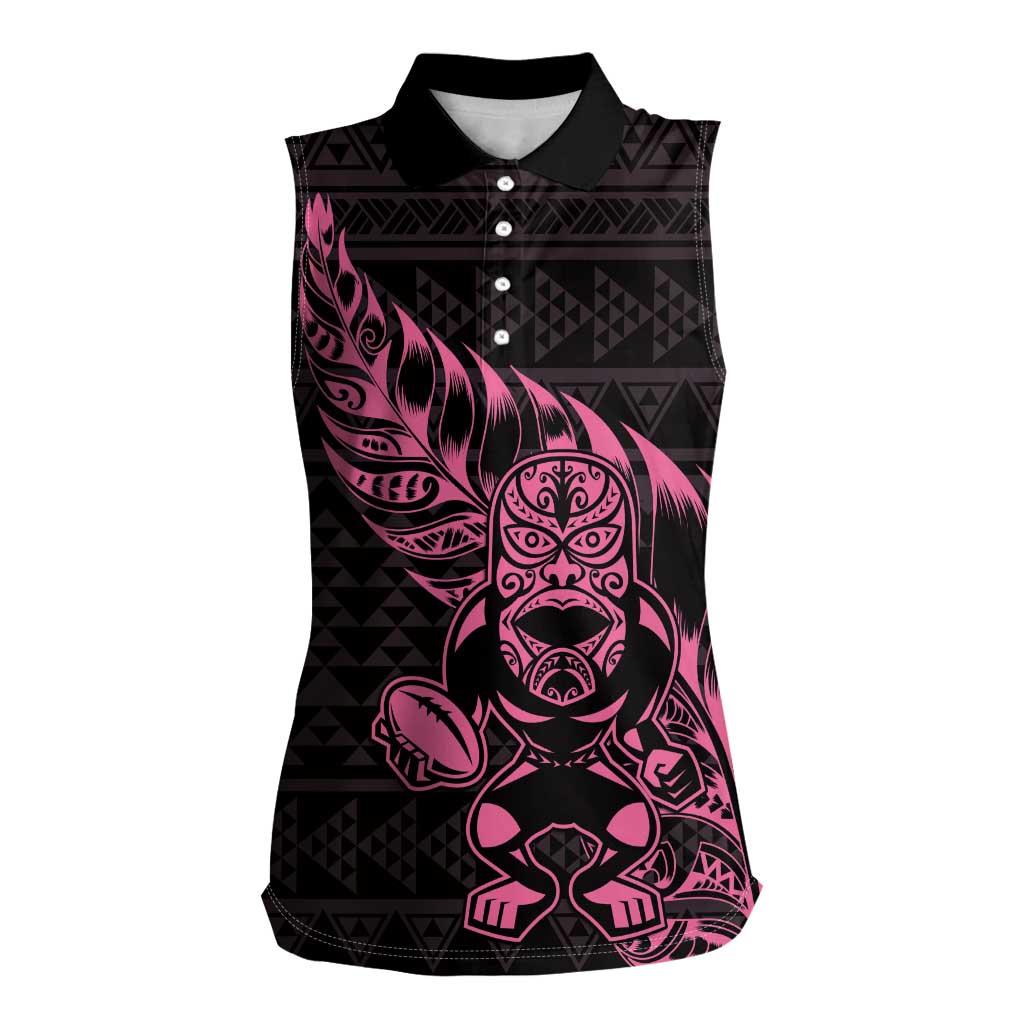 New Zealand Rugby Warrior Custom Women Sleeveless Polo Shirt Pink Fern Taniko Motif LT9 Female Pink - Polynesian Pride