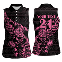 New Zealand Rugby Warrior Custom Women Sleeveless Polo Shirt Pink Fern Taniko Motif LT9 - Polynesian Pride