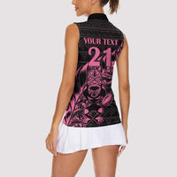 New Zealand Rugby Warrior Custom Women Sleeveless Polo Shirt Pink Fern Taniko Motif LT9 - Polynesian Pride
