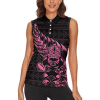 New Zealand Rugby Warrior Custom Women Sleeveless Polo Shirt Pink Fern Taniko Motif LT9 - Polynesian Pride