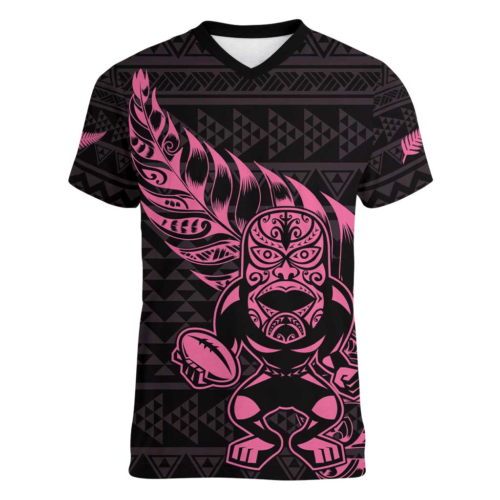 New Zealand Rugby Warrior Custom Women V-Neck T-Shirt Pink Fern Taniko Motif LT9 Female Pink - Polynesian Pride