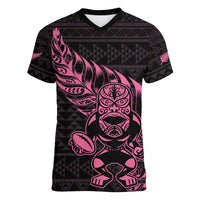 New Zealand Rugby Warrior Custom Women V-Neck T-Shirt Pink Fern Taniko Motif LT9 Female Pink - Polynesian Pride