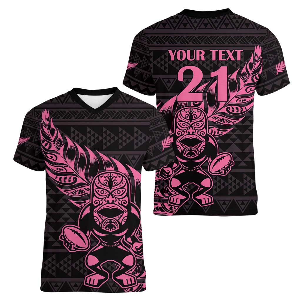 New Zealand Rugby Warrior Custom Women V-Neck T-Shirt Pink Fern Taniko Motif LT9 - Polynesian Pride