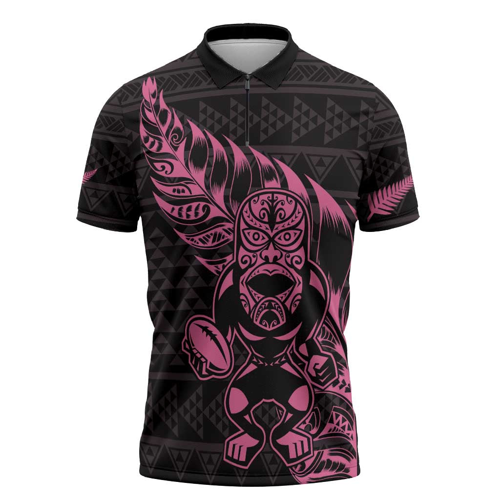 New Zealand Rugby Warrior Custom Zipper Polo Shirt Pink Fern Taniko Motif - Polynesian Pride
