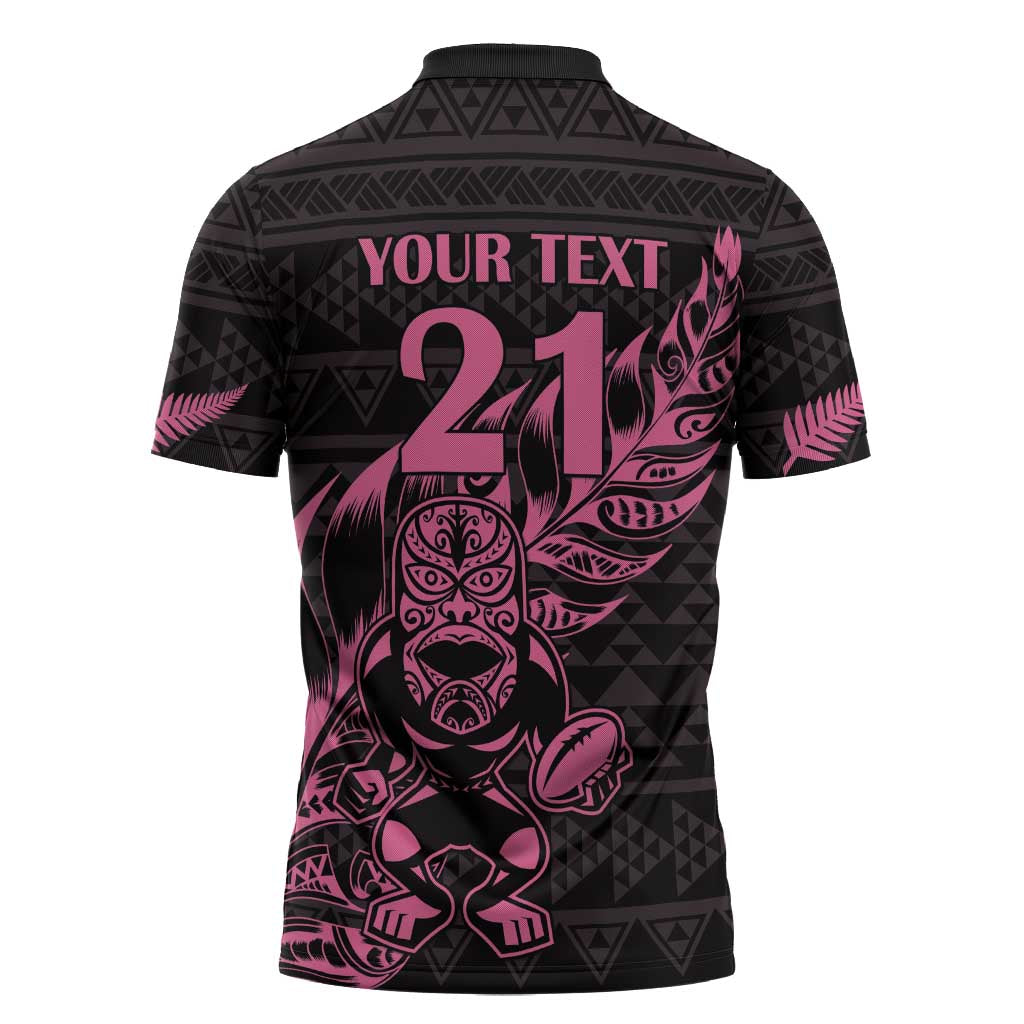 New Zealand Rugby Warrior Custom Zipper Polo Shirt Pink Fern Taniko Motif - Polynesian Pride