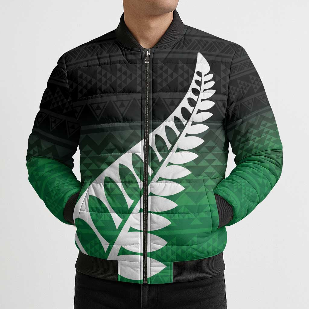 Green Silver Fern Spirit Taniko Tukutuku Personalised Bomber Puffer Jacket - Polynesian Pride