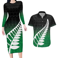 Green Silver Fern Spirit Taniko Tukutuku Personalised Couples Matching Long Sleeve Bodycon Dress and Hawaiian Shirt LT9 Green - Polynesian Pride