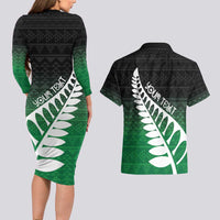 Green Silver Fern Spirit Taniko Tukutuku Personalised Couples Matching Long Sleeve Bodycon Dress and Hawaiian Shirt LT9 - Polynesian Pride