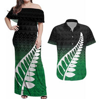 Green Silver Fern Spirit Taniko Tukutuku Personalised Couples Matching Off Shoulder Maxi Dress and Hawaiian Shirt LT9 Green - Polynesian Pride