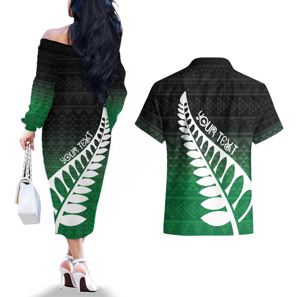 Green Silver Fern Spirit Taniko Tukutuku Personalised Couples Matching Off The Shoulder Long Sleeve Dress and Hawaiian Shirt LT9 - Polynesian Pride