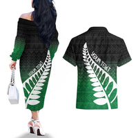 Green Silver Fern Spirit Taniko Tukutuku Personalised Couples Matching Off The Shoulder Long Sleeve Dress and Hawaiian Shirt LT9 - Polynesian Pride