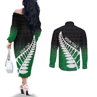 Green Silver Fern Spirit Taniko Tukutuku Personalised Couples Matching Off The Shoulder Long Sleeve Dress and Long Sleeve Button Shirt LT9 - Polynesian Pride