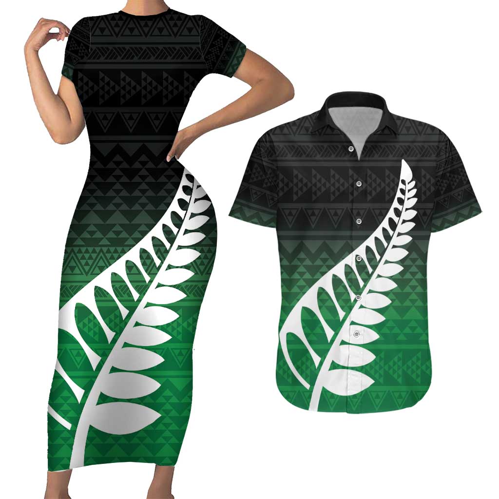 Green Silver Fern Spirit Taniko Tukutuku Personalised Couples Matching Short Sleeve Bodycon Dress and Hawaiian Shirt LT9 Green - Polynesian Pride