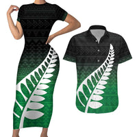 Green Silver Fern Spirit Taniko Tukutuku Personalised Couples Matching Short Sleeve Bodycon Dress and Hawaiian Shirt LT9 Green - Polynesian Pride