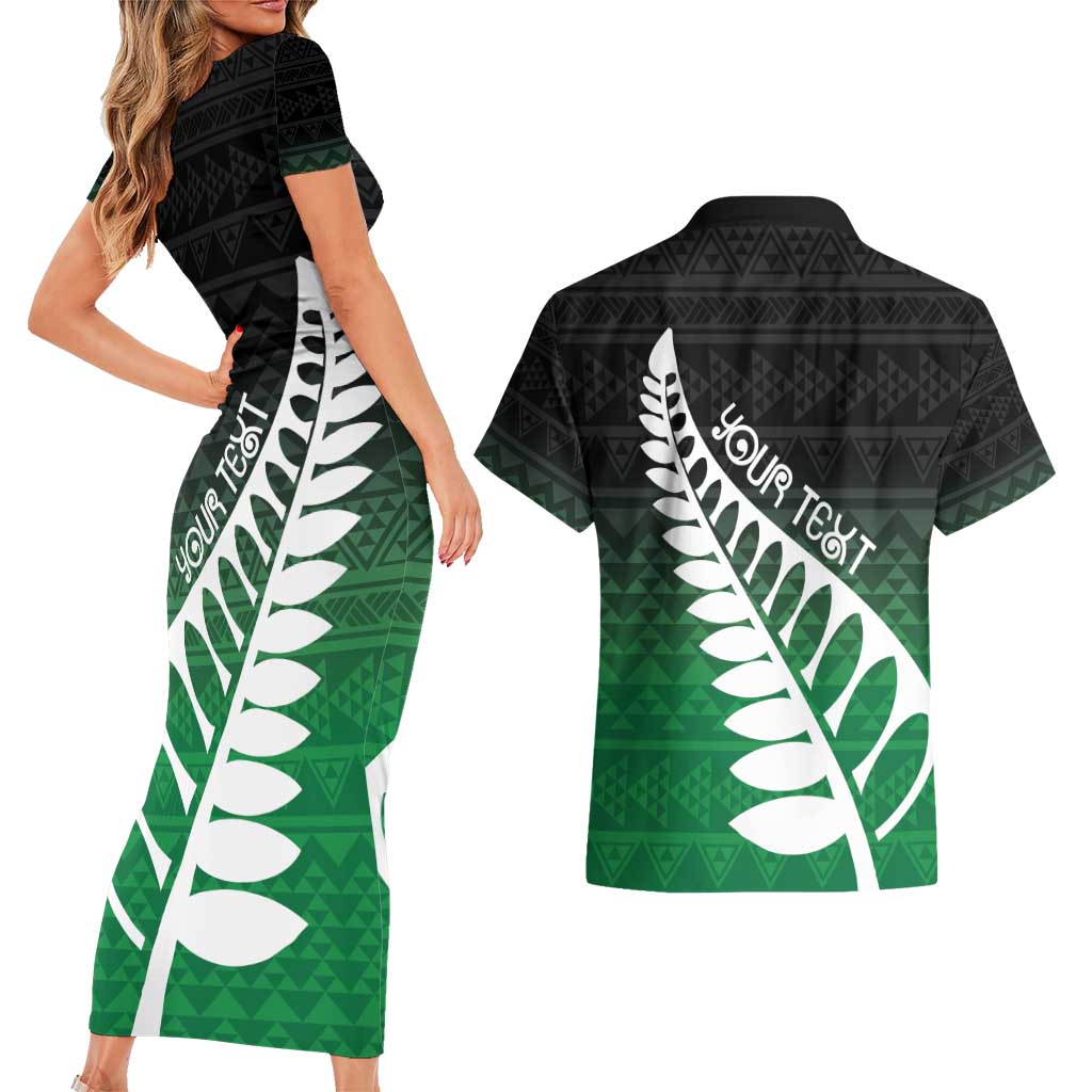 Green Silver Fern Spirit Taniko Tukutuku Personalised Couples Matching Short Sleeve Bodycon Dress and Hawaiian Shirt LT9 - Polynesian Pride