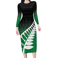 Green Silver Fern Spirit Taniko Tukutuku Personalised Family Matching Long Sleeve Bodycon Dress and Hawaiian Shirt LT9 Mom's Dress Green - Polynesian Pride