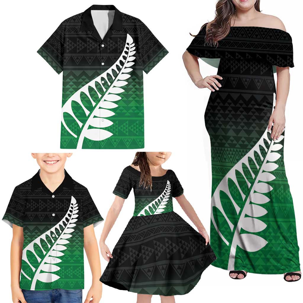 Green Silver Fern Spirit Taniko Tukutuku Personalised Family Matching Off Shoulder Maxi Dress and Hawaiian Shirt LT9 - Polynesian Pride
