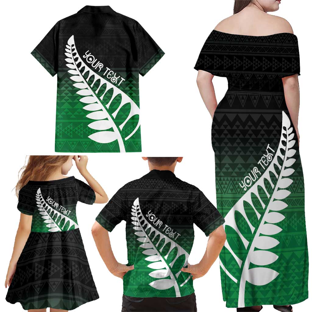 Green Silver Fern Spirit Taniko Tukutuku Personalised Family Matching Off Shoulder Maxi Dress and Hawaiian Shirt LT9 - Polynesian Pride