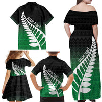 Green Silver Fern Spirit Taniko Tukutuku Personalised Family Matching Off Shoulder Maxi Dress and Hawaiian Shirt LT9 - Polynesian Pride