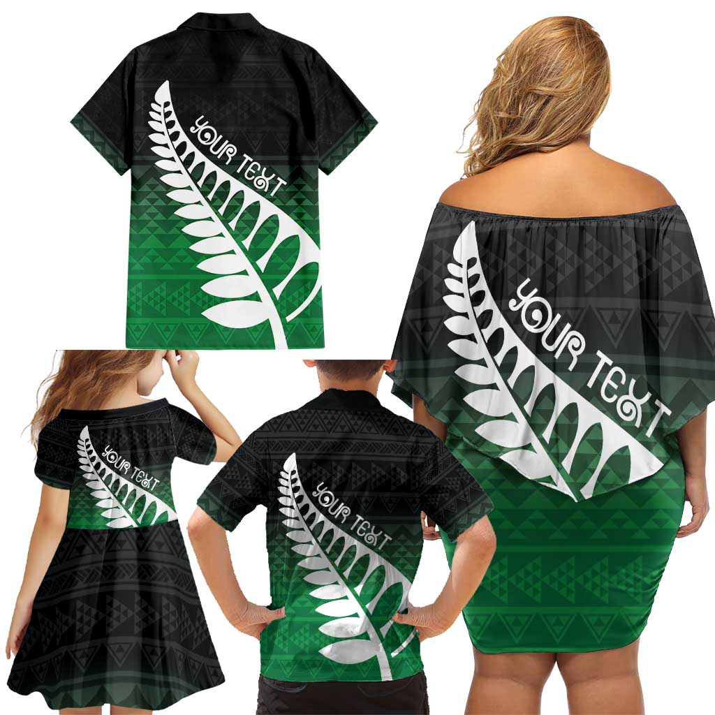 Green Silver Fern Spirit Taniko Tukutuku Personalised Family Matching Off Shoulder Short Dress and Hawaiian Shirt LT9 - Polynesian Pride